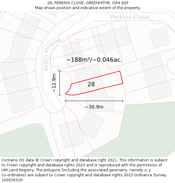 28, PERKINS CLOSE, GREENHITHE, DA9 9QF: Plot and title map