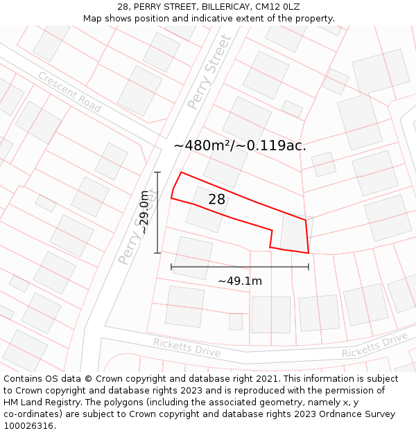 28, PERRY STREET, BILLERICAY, CM12 0LZ: Plot and title map