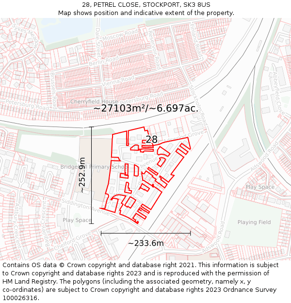 28, PETREL CLOSE, STOCKPORT, SK3 8US: Plot and title map