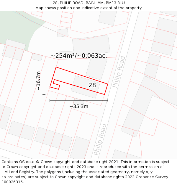 28, PHILIP ROAD, RAINHAM, RM13 8LU: Plot and title map