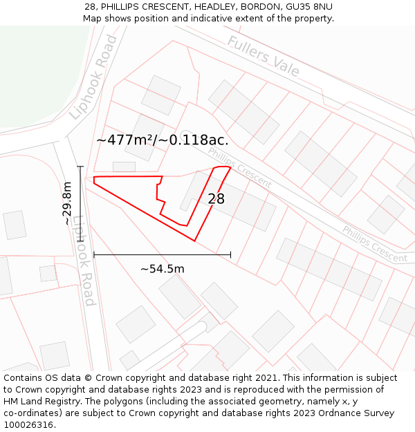 28, PHILLIPS CRESCENT, HEADLEY, BORDON, GU35 8NU: Plot and title map