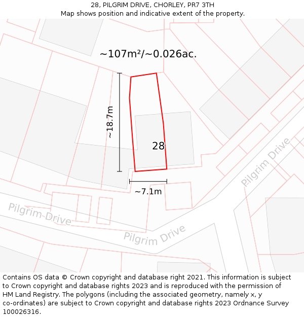 28, PILGRIM DRIVE, CHORLEY, PR7 3TH: Plot and title map