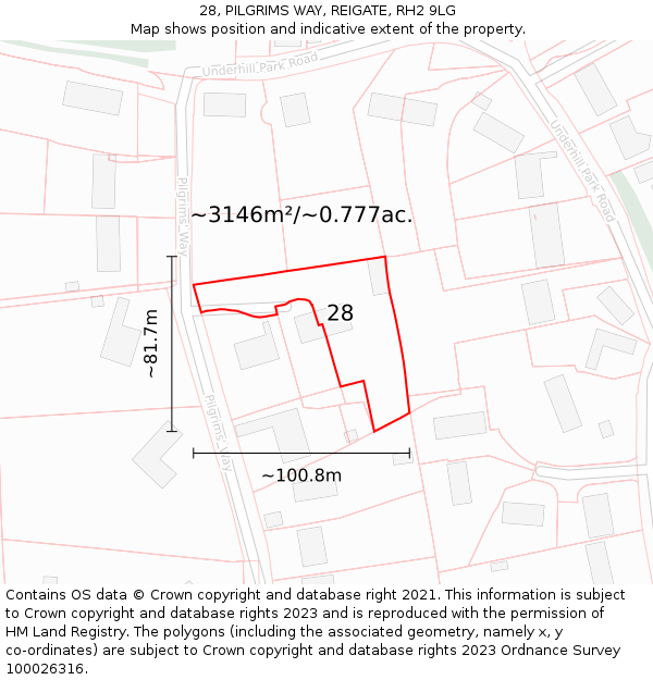 28, PILGRIMS WAY, REIGATE, RH2 9LG: Plot and title map