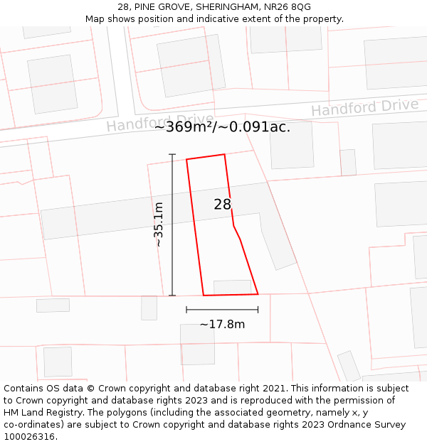 28, PINE GROVE, SHERINGHAM, NR26 8QG: Plot and title map