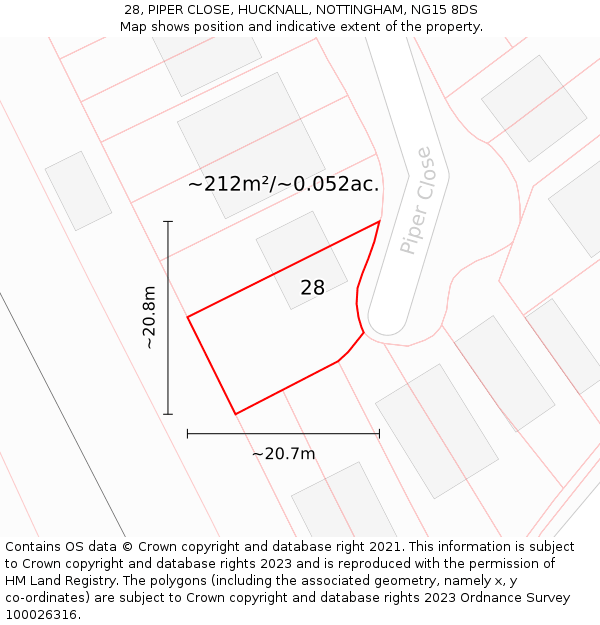 28, PIPER CLOSE, HUCKNALL, NOTTINGHAM, NG15 8DS: Plot and title map