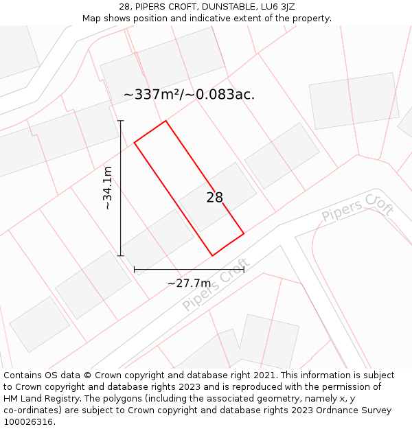 28, PIPERS CROFT, DUNSTABLE, LU6 3JZ: Plot and title map