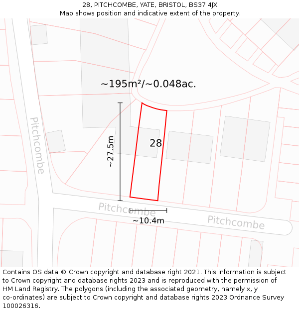 28, PITCHCOMBE, YATE, BRISTOL, BS37 4JX: Plot and title map