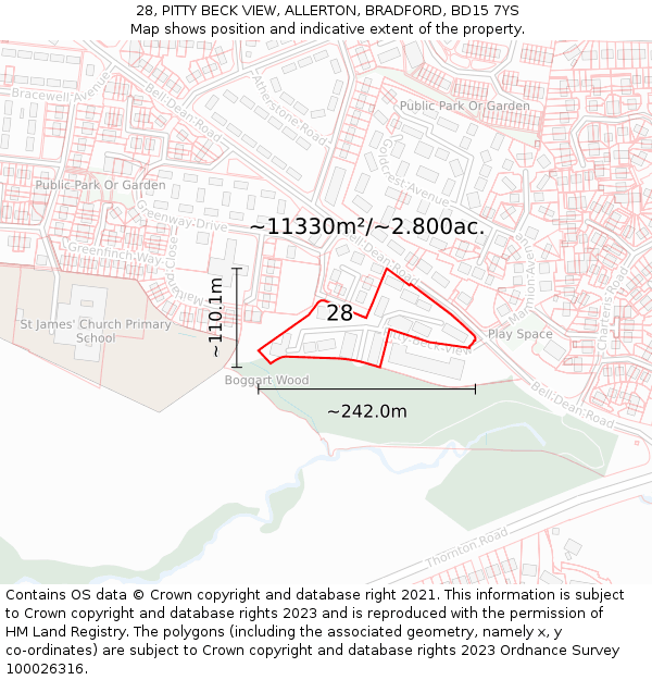 28, PITTY BECK VIEW, ALLERTON, BRADFORD, BD15 7YS: Plot and title map