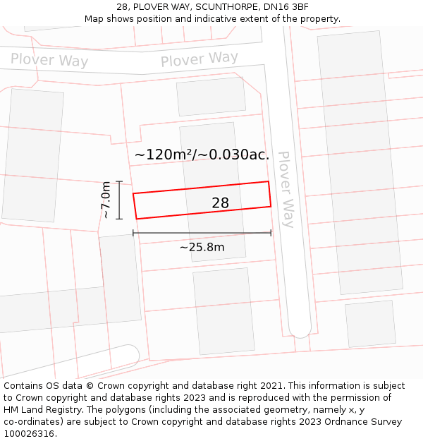 28, PLOVER WAY, SCUNTHORPE, DN16 3BF: Plot and title map