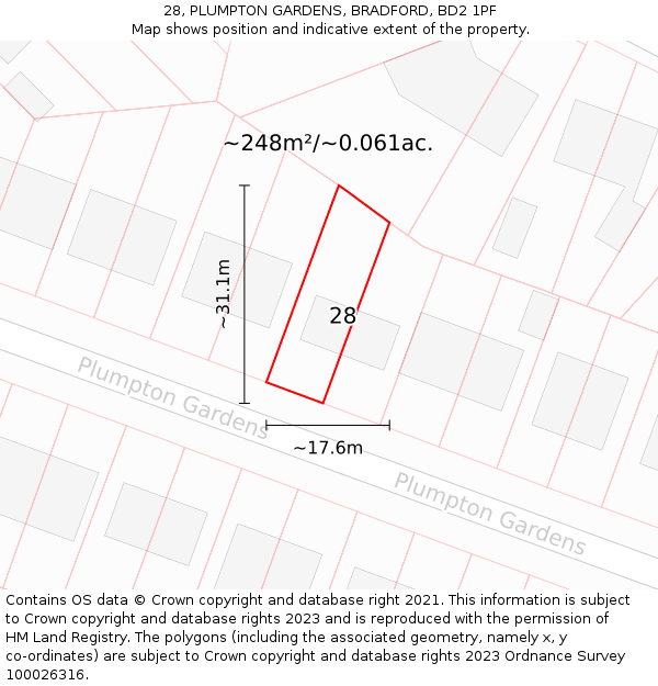 28, PLUMPTON GARDENS, BRADFORD, BD2 1PF: Plot and title map