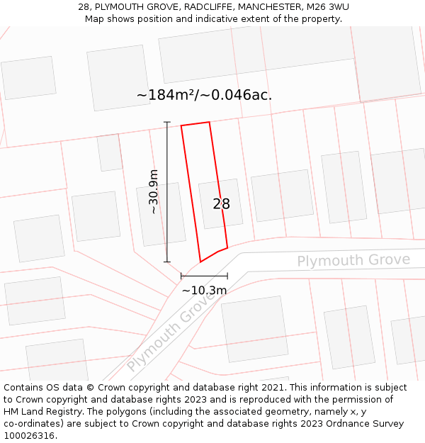 28, PLYMOUTH GROVE, RADCLIFFE, MANCHESTER, M26 3WU: Plot and title map