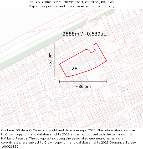 28, POLPERRO DRIVE, FRECKLETON, PRESTON, PR4 1YD: Plot and title map