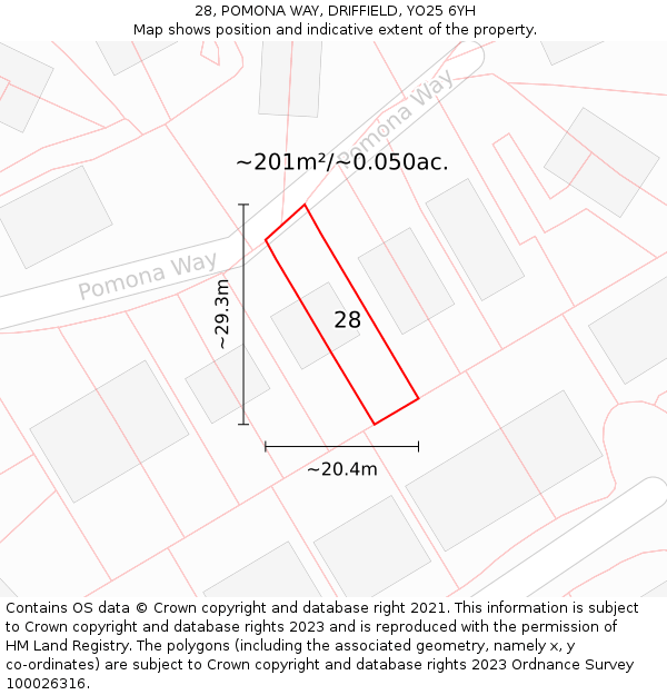 28, POMONA WAY, DRIFFIELD, YO25 6YH: Plot and title map
