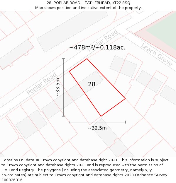 28, POPLAR ROAD, LEATHERHEAD, KT22 8SQ: Plot and title map