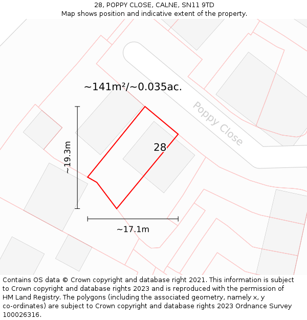 28, POPPY CLOSE, CALNE, SN11 9TD: Plot and title map