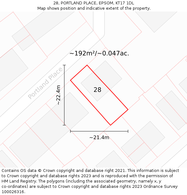 28, PORTLAND PLACE, EPSOM, KT17 1DL: Plot and title map