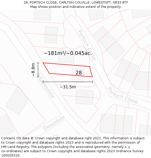 28, PORTSCH CLOSE, CARLTON COLVILLE, LOWESTOFT, NR33 8TY: Plot and title map