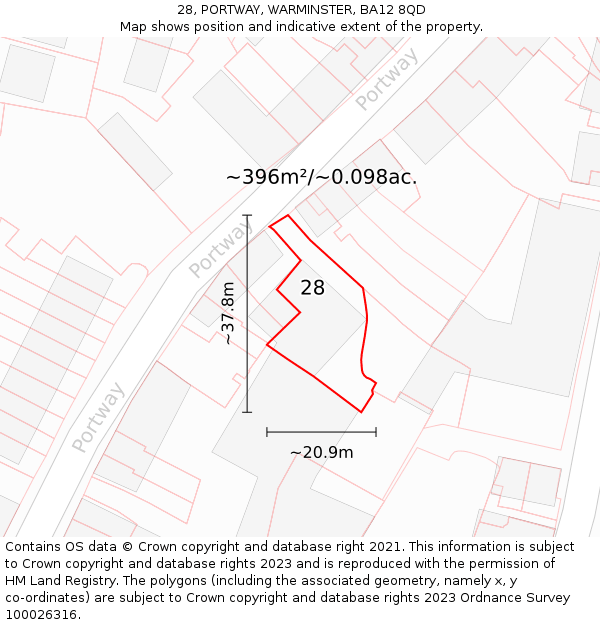 28, PORTWAY, WARMINSTER, BA12 8QD: Plot and title map