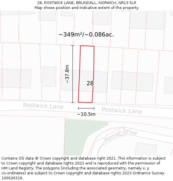28, POSTWICK LANE, BRUNDALL, NORWICH, NR13 5LR: Plot and title map