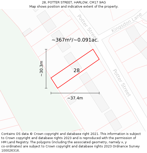 28, POTTER STREET, HARLOW, CM17 9AG: Plot and title map