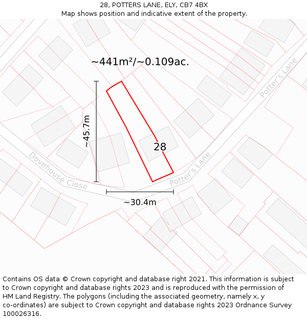 28, POTTERS LANE, ELY, CB7 4BX: Plot and title map