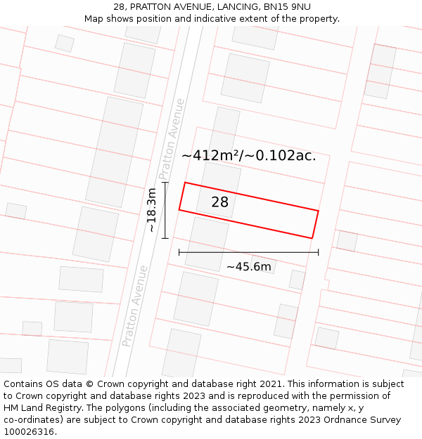 28, PRATTON AVENUE, LANCING, BN15 9NU: Plot and title map