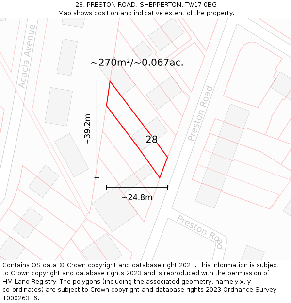28, PRESTON ROAD, SHEPPERTON, TW17 0BG: Plot and title map