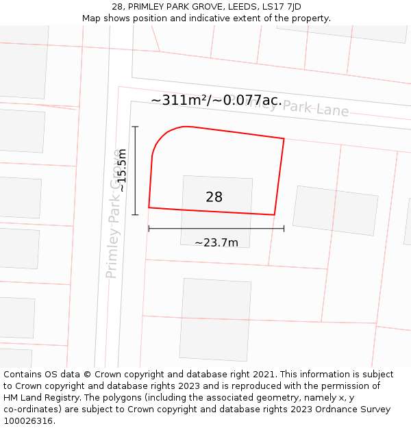 28, PRIMLEY PARK GROVE, LEEDS, LS17 7JD: Plot and title map