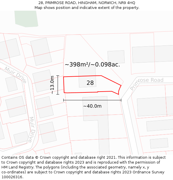 28, PRIMROSE ROAD, HINGHAM, NORWICH, NR9 4HQ: Plot and title map
