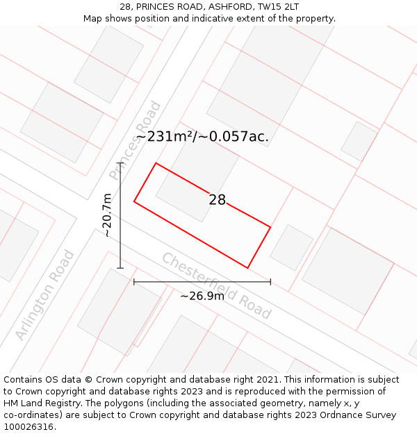 28, PRINCES ROAD, ASHFORD, TW15 2LT: Plot and title map