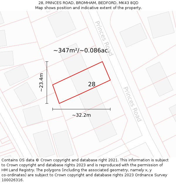 28, PRINCES ROAD, BROMHAM, BEDFORD, MK43 8QD: Plot and title map