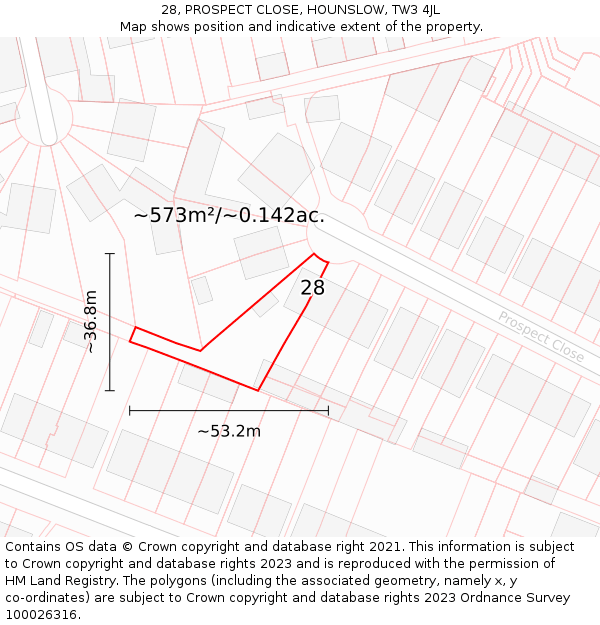 28, PROSPECT CLOSE, HOUNSLOW, TW3 4JL: Plot and title map