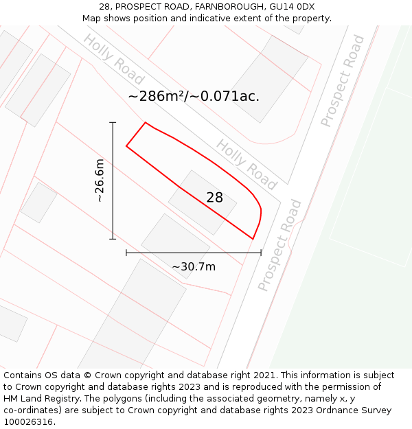 28, PROSPECT ROAD, FARNBOROUGH, GU14 0DX: Plot and title map