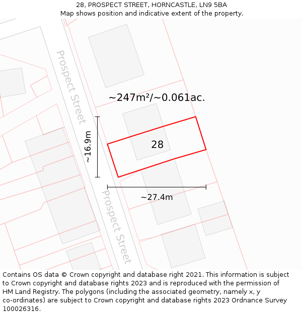 28, PROSPECT STREET, HORNCASTLE, LN9 5BA: Plot and title map