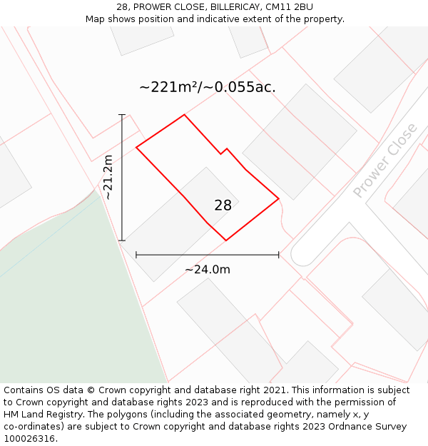 28, PROWER CLOSE, BILLERICAY, CM11 2BU: Plot and title map