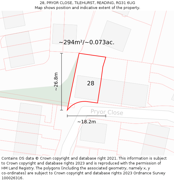 28, PRYOR CLOSE, TILEHURST, READING, RG31 6UG: Plot and title map