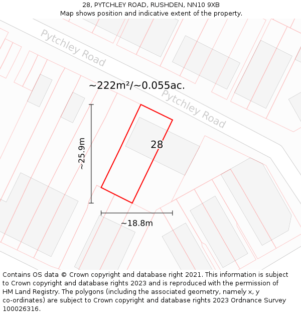 28, PYTCHLEY ROAD, RUSHDEN, NN10 9XB: Plot and title map