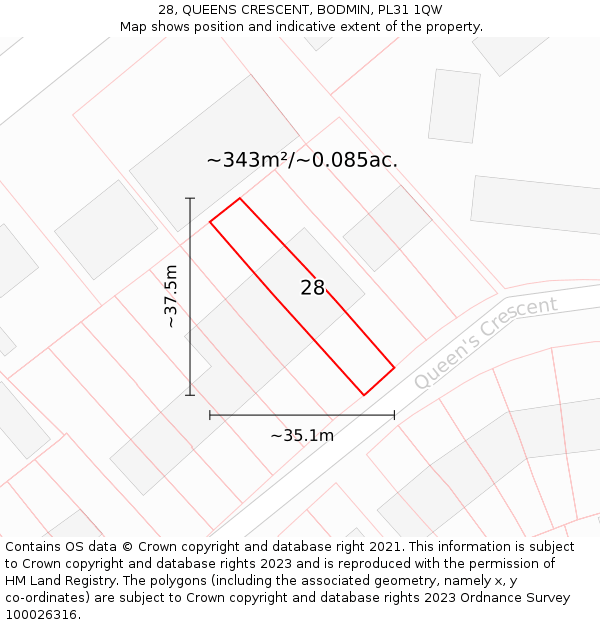 28, QUEENS CRESCENT, BODMIN, PL31 1QW: Plot and title map