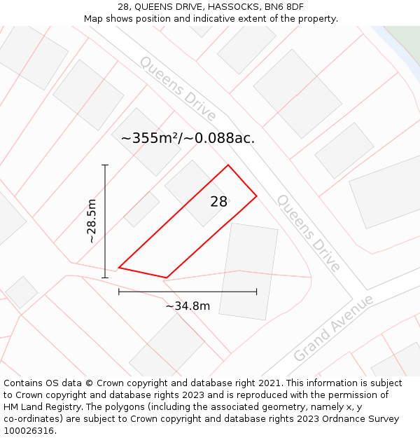 28, QUEENS DRIVE, HASSOCKS, BN6 8DF: Plot and title map