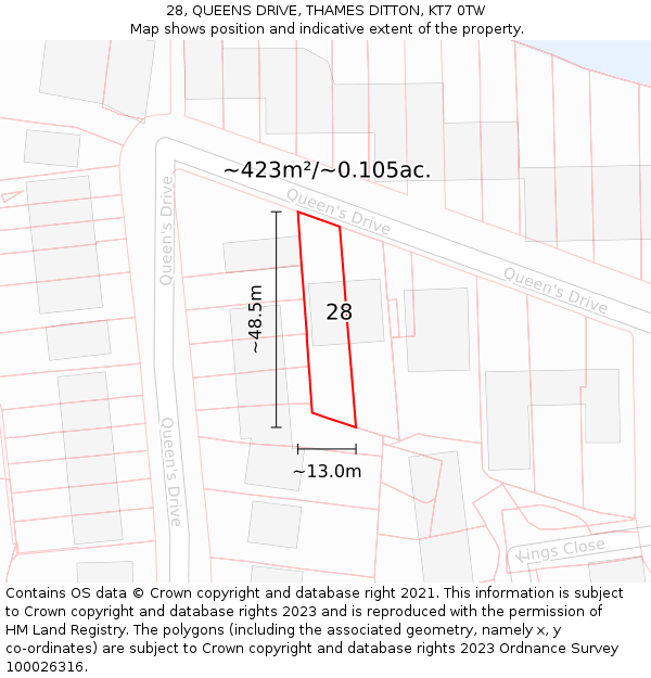 28, QUEENS DRIVE, THAMES DITTON, KT7 0TW: Plot and title map