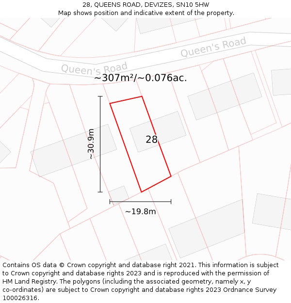 28, QUEENS ROAD, DEVIZES, SN10 5HW: Plot and title map