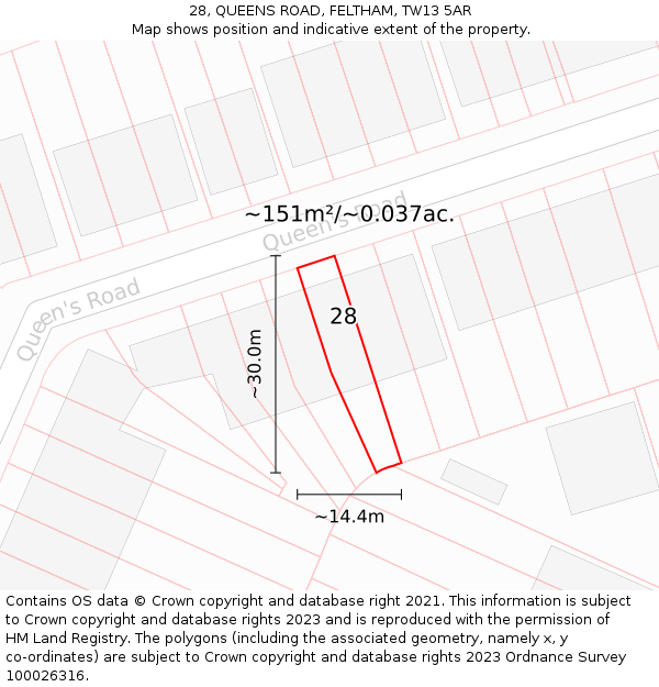 28, QUEENS ROAD, FELTHAM, TW13 5AR: Plot and title map