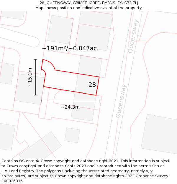 28, QUEENSWAY, GRIMETHORPE, BARNSLEY, S72 7LJ: Plot and title map