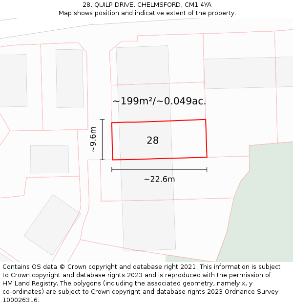 28, QUILP DRIVE, CHELMSFORD, CM1 4YA: Plot and title map