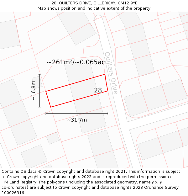 28, QUILTERS DRIVE, BILLERICAY, CM12 9YE: Plot and title map