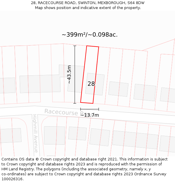 28, RACECOURSE ROAD, SWINTON, MEXBOROUGH, S64 8DW: Plot and title map