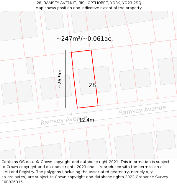 28, RAMSEY AVENUE, BISHOPTHORPE, YORK, YO23 2SQ: Plot and title map