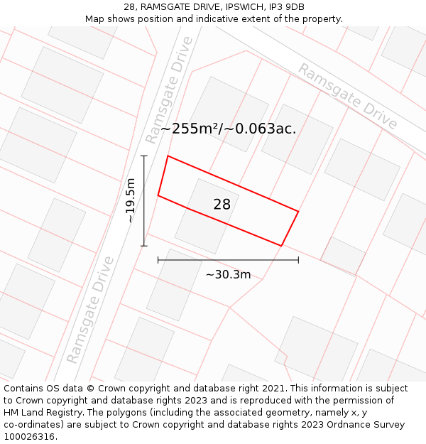 28, RAMSGATE DRIVE, IPSWICH, IP3 9DB: Plot and title map