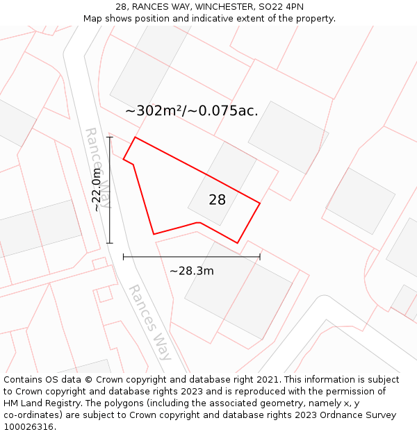 28, RANCES WAY, WINCHESTER, SO22 4PN: Plot and title map