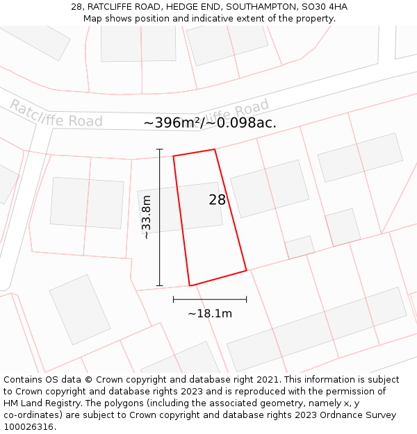 28, RATCLIFFE ROAD, HEDGE END, SOUTHAMPTON, SO30 4HA: Plot and title map